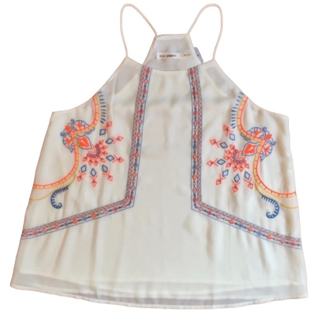 Blu Pepper Ivory Lined Spaghetti Strap Tank With Bright Boho Embroidery Large
